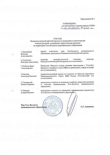 Состав Межведомственной рабочей группы по выявлению и уничтожению посевов растений, содержащих наркотические средства, на территории Усть-Кутского муниципального образования