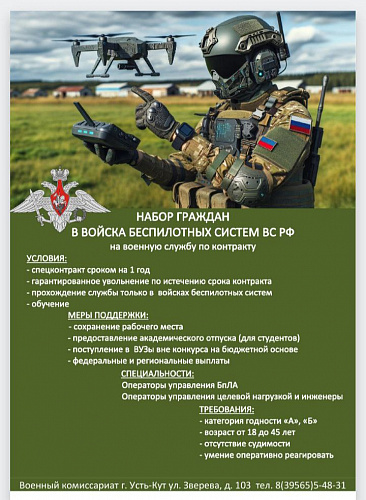 Набор граждан в ВОЙСКА БЕСПИЛОТНЫХ СИСТЕМ Вооруженных Сил Российской Федерации на военную службу по контракту 